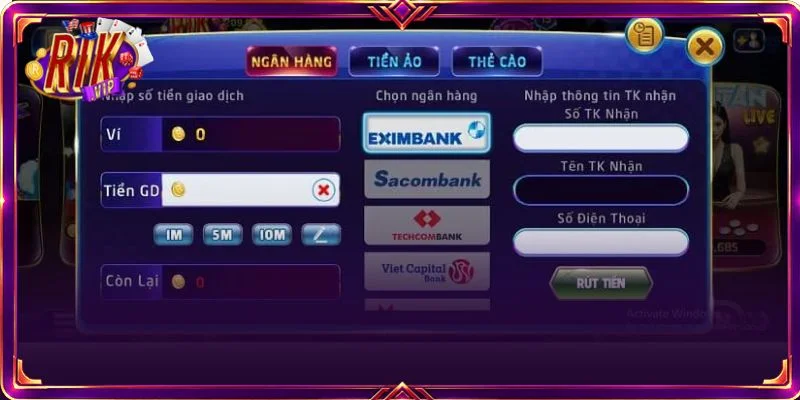 Cổng game RIKVIP hỗ trợ đa dạng phương thức để người chơi rút tiền