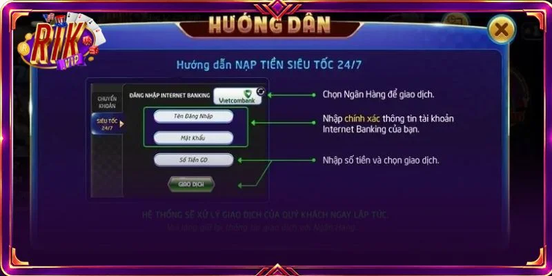 Hướng dẫn nạp tiền RIKVIP qua tài khoản ngân hàng đơn giản